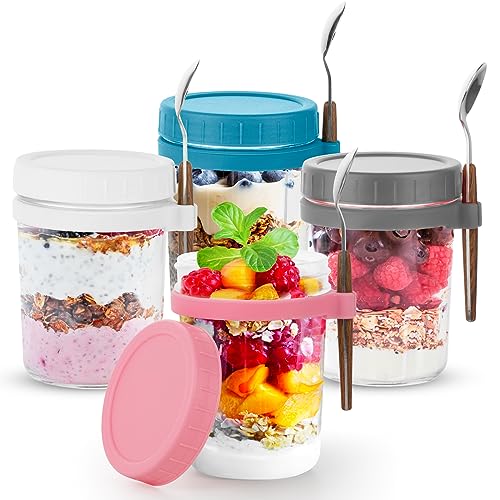 Dyserbuy Haferbehälter mit Deckel und Löffel, 480 ml, Einmachgläser für Hafer, luftdichte Gläser mit Messmarkierungen für Milch, Müsli unterwegs, 4 Stück von Dyserbuy