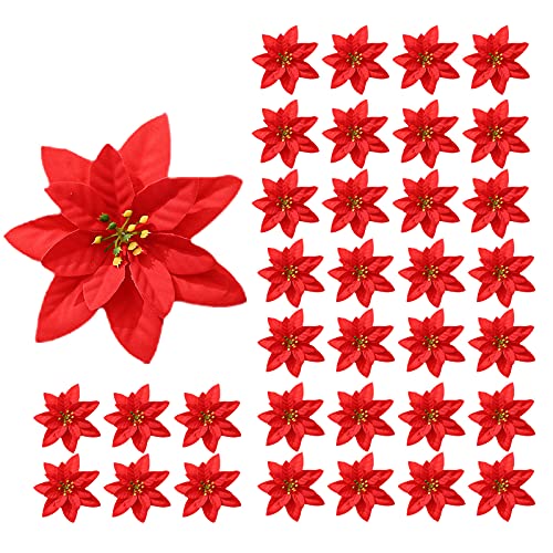 Dysetcs 100 Stück rote Weihnachtssterne Blumen Picks, Weihnachtsstern, künstliche Blumen Dekoration für Weihnachtsbaum, Kränze, Girlande, Urlaubsdekoration von Dysetcs