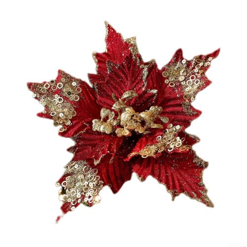 Dekorative 26 cm große Weihnachtsblumen mit schönem Pailletten-Design für Feiertage (rot) von DystopiaWorld