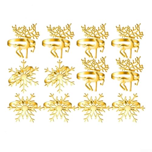 Set mit 12 Weihnachts-Serviettenringen mit Elch- und Schneeflocken-Muster, Metall und Strass zur Verschönerung für Tischpräsentation während Feiertagsessen und besonderen Anlässen von DystopiaWorld