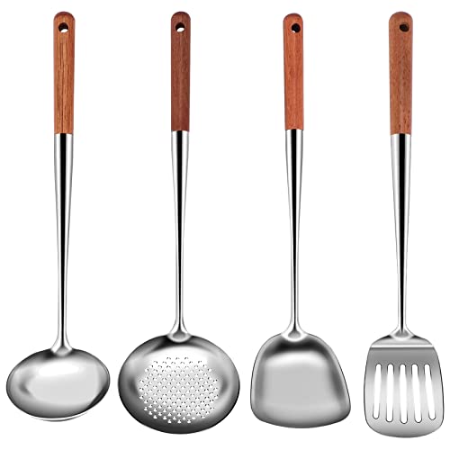 4 Stück Küchenhelfer Set Edelstahl,Wok Zubehör mit Holzgriff,Langer Wok Pfannenwender Edelstahl,Wok Wender Set,Schöpfkelle Edelstahl,Wok Kelle Set,Kochen Werkzeuge Utensilien Set von Dytabepl