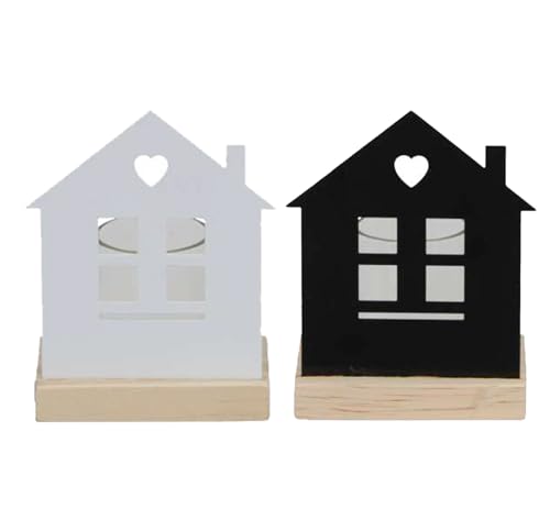 2 Häuser mitTeelichtglas weiß schwarz auf Holzfuß von DzH&G