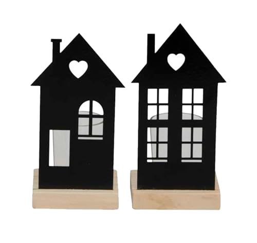 Teelichthaus zum Stellen mit Teelichtglas - schwarz mit Holzfuß 17cm für die Tischdekoration oder Gartendeko von DzH&G