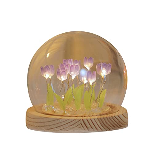 Dzaayediiy 10 Blumen DIY Tulpe Stimmungslicht Tisch Nachtlicht mit Glasabdeckung Handgemachte Kunst und Handwerk Dekor für Zimmer Schlafzimmer Dekoration Valentinstag Hochzeit Party (Lila) von Dzaayediiy