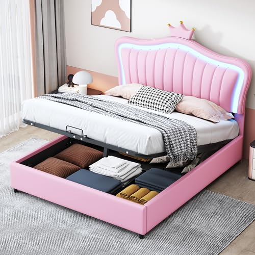 Dzaayediiy Boxspringbett 140x200 cm - Hydr. Kinderdoppelbett mit LED-Licht, Lattenrost & Stauraum - PU Rosa (ohne Matratze) von Dzaayediiy