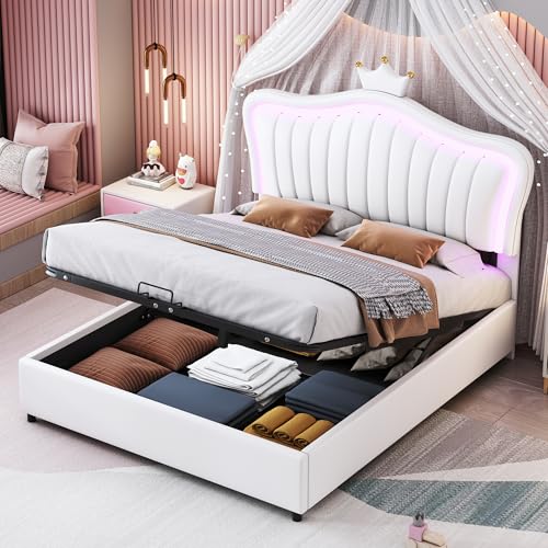 Dzaayediiy Boxspringbett 140x200 cm - Hydr. Kinderdoppelbett mit LED-Licht, Lattenrost & Stauraum - PU Weiß (ohne Matratze) von Dzaayediiy