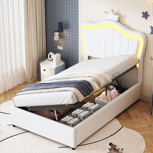 Dzaayediiy Boxspringbett 90x200 cm - Hydr. Kindereinzelbett mit LED-Licht, Lattenrost & Stauraum - PU Weiß (ohne Matratze) von Dzaayediiy