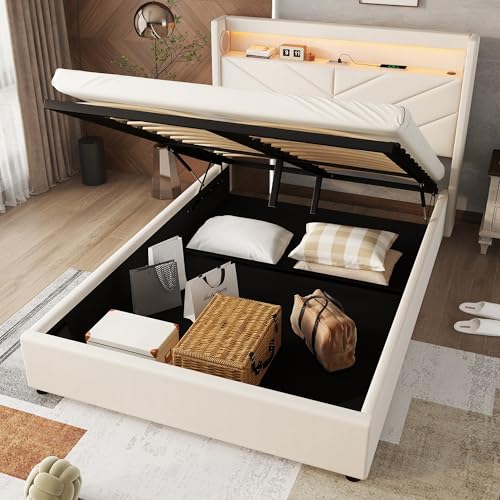 Dzaayediiy Boxspringbett Polsterbett 140 x 190 cm mit vAmbientebeleuchtung mit Fernbedienung und USB-Ladeanschluss, Hydraulisches Stauraumbett mit Bettkasten Stauraum(Ohne Matratze)- Beige von Dzaayediiy