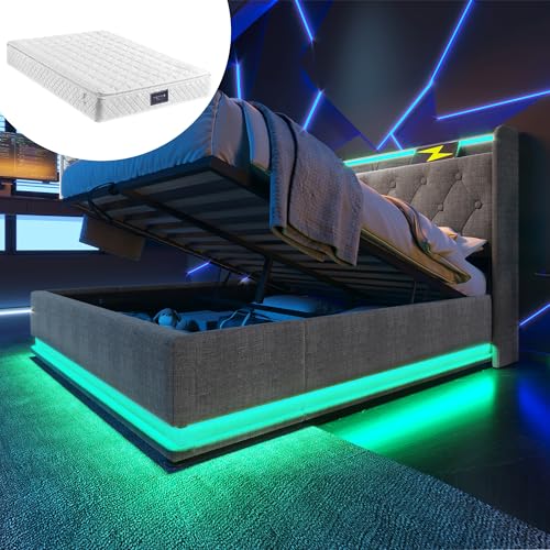 Dzaayediiy Boxspringbett Polsterbett 140 x 200 cm mit Kopfteil mit USB&Typ-C-Ladeanschluss, Hydraulisches Stauraumbett mit Bettkasten Stauraum und mit LED-Beleuchtung(Mit Matratze)- Leinen Grau von Dzaayediiy