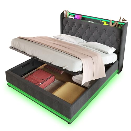 Dzaayediiy Boxspringbett Polsterbett 140 x 200 cm mit Kopfteil mit USB&Typ-C-Ladeanschluss, Hydraulisches Stauraumbett mit Bettkasten Stauraum und mit LED-Beleuchtung(Ohne Matratze)- Leinen Grau von Dzaayediiy