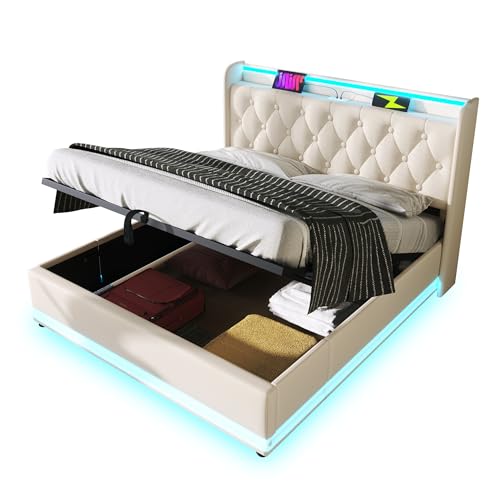 Dzaayediiy Boxspringbett Polsterbett 140 x 200 cm mit Kopfteil mit USB&Typ-C-Ladeanschluss, Hydraulisches Stauraumbett mit Bettkasten Stauraum und mit LED-Beleuchtung(Ohne Matratze)- PU weiß von Dzaayediiy