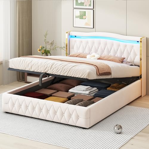 Dzaayediiy Boxspringbett Polsterbett 160 x 200 cm mit LED-Beleuchtung, Hydraulisches Stauraumbett mit Bettkasten Stauraum(Ohne Matratze)- Beige von Dzaayediiy