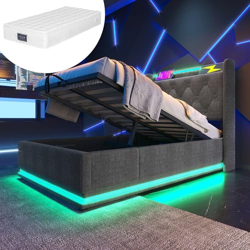 Dzaayediiy Boxspringbett Polsterbett 90 x 200 cm mit Kopfteil mit USB&Typ-C-Ladeanschluss, Hydraulisches Stauraumbett mit Bettkasten Stauraum und mit LED-Beleuchtung(Mit Matratze)- Leinen Grau von Dzaayediiy