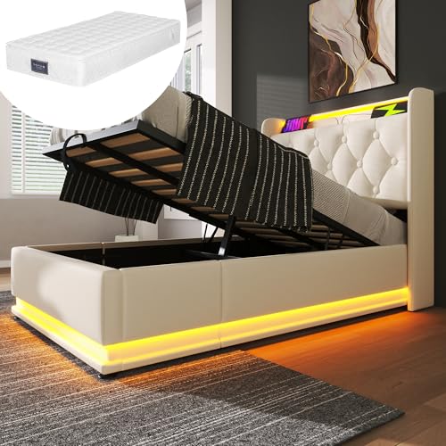 Dzaayediiy Boxspringbett Polsterbett 90 x 200 cm mit Kopfteil mit USB&Typ-C-Ladeanschluss, Hydraulisches Stauraumbett mit Bettkasten Stauraum und mit LED-Beleuchtung(Mit Matratze)- PU weiß von Dzaayediiy
