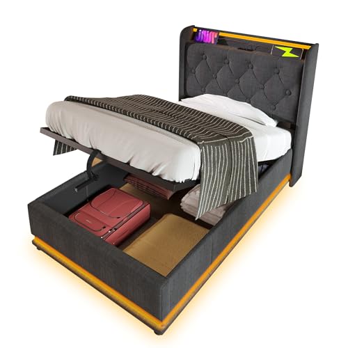Dzaayediiy Boxspringbett Polsterbett 90 x 200 cm mit Kopfteil mit USB&Typ-C-Ladeanschluss, Hydraulisches Stauraumbett mit Bettkasten Stauraum und mit LED-Beleuchtung(Ohne Matratze)- Leinen Grau von Dzaayediiy