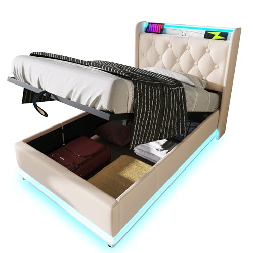 Dzaayediiy Boxspringbett Polsterbett 90 x 200 cm mit Kopfteil mit USB&Typ-C-Ladeanschluss, Hydraulisches Stauraumbett mit Bettkasten Stauraum und mit LED-Beleuchtung(Ohne Matratze)- PU weiß von Dzaayediiy