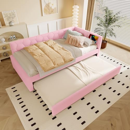Dzaayediiy Daybett 90x200, Schlafsofa mit Lattenrost,Tagesbett mit Ausziehbett und Nachttischlampe,Jugendbett mit USB-Anschluss&Typ-C,ohne Matratze,Rosa Dzaayediiy Daybett 90x200, Schlafsofa mit Lattenrost,Tagesbett mit Ausziehbett und Nachttischlampe,Jugendbett mit USB-Anschluss&Typ-C,ohne Matratze,Rosa von Dzaayediiy