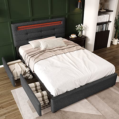 Dzaayediiy Einzelbett Polsterbett Bettgestell mit LED-Beleuchtung und 2 Schubladen, 90x200cm, Höhenverstellbarem Kopfteil, Lattenrost aus Holz, Grau (Ohne Matratze) von Dzaayediiy