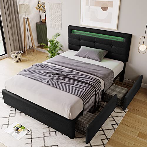 Dzaayediiy Einzelbett Polsterbett Bettgestell mit LED-Beleuchtung und 2 Schubladen, 90x200cm, Höhenverstellbarem Kopfteil, Lattenrost aus Holz, Schwarz (Ohne Matratze) von Dzaayediiy