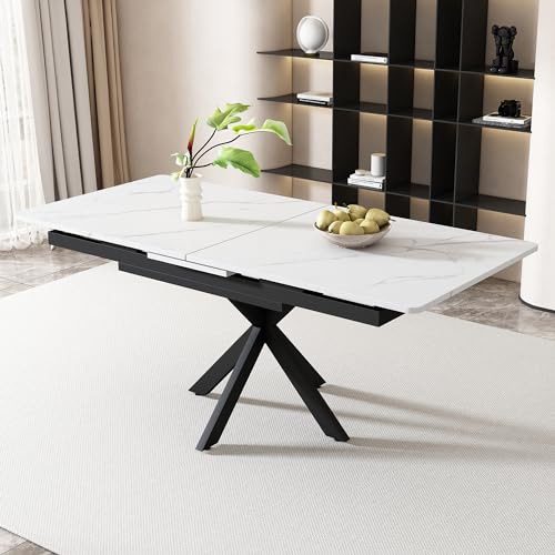 Dzaayediiy Esstisch Erweiterbar Esszimmertisch rechteckig (Erweiterbar Esszimmertisch rechteckig Küchentisch weiß Marmoroptik), Ausziehbar 150-180cm Tischplatte, Weiß von Dzaayediiy
