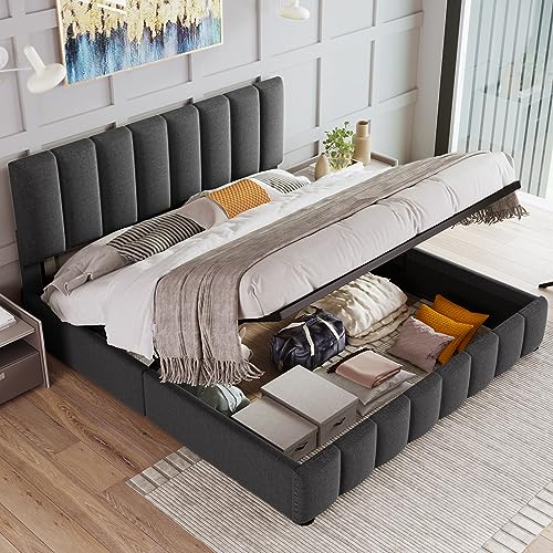 Dzaayediiy Hydraulisch Polsterbett 140x200cm,Doppelbett mit Verstellbares Kopfteil, Bett mit Lattenrost aus Metallrahmen, Modernes Bettgestell mit Stauraum, Leinen Grau (Ohne Matratze) von Dzaayediiy