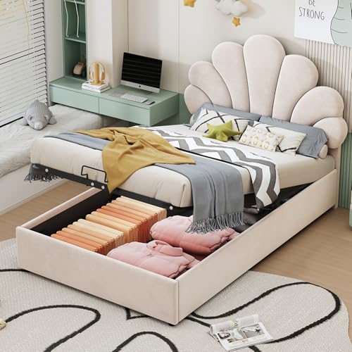 Dzaayediiy Jugendbett Boxspringbett Polsterbett 90 x 200 cm mit verstellbares Kopfteil in geblümtemform und Lattenrost, Hydraulisches Stauraumbett mit Bettkasten Stauraum(Ohne Matratze)- Beige von Dzaayediiy