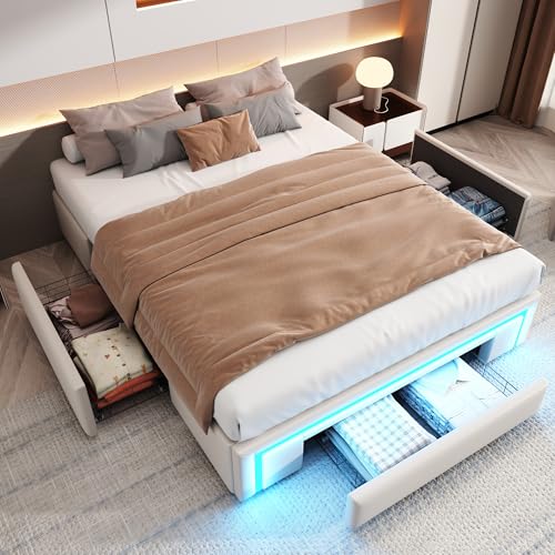 Dzaayediiy Jugendbett ohne Kopfteil 140X200 Bettgestell mit Schubladen,Flachbett mit LED-Lichtleiste und Metallrosten,Beige (ohne Matratze) von Dzaayediiy