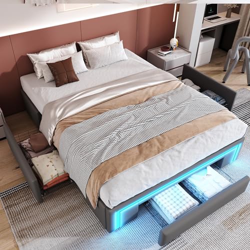 Dzaayediiy Jugendbett ohne Kopfteil 140X200 Bettgestell mit Schubladen,Flachbett mit LED-Lichtleiste und Metallrosten,Grau (ohne Matratze) von Dzaayediiy