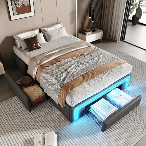Dzaayediiy Jugendbett ohne Kopfteil 90x200 Bettgestell mit Schubladen,Flachbett mit LED-Lichtleiste und Metallrosten,Grau (ohne Matratze) von Dzaayediiy