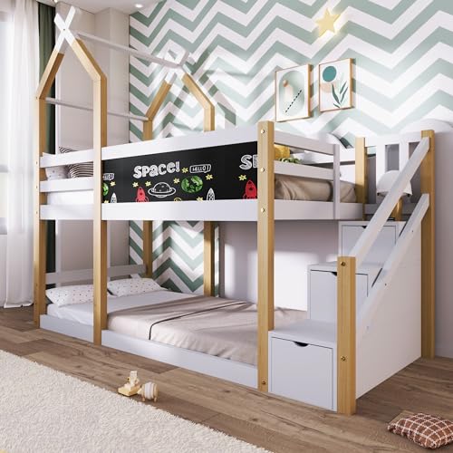 Dzaayediiy Kinder-Lattenrostbett 90 x 200 cm mit Stauraum und Rausfallschutz, Hochbett mit 2 Lattenrosten, Klassische Größe, Natur und Weiß (ohne Matratze) von Dzaayediiy