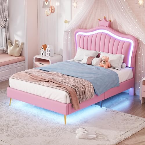Dzaayediiy Kinder-Polsterbett 90 x 200 cm, Mädchenbettgestell, rosa Krone, Einzelbettgestell, hochwertiges PU-Leder mit LED-Leuchten, Lattenrost und Rückenlehne, rosa (ohne Matratze) von Dzaayediiy
