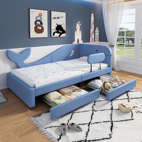 Dzaayediiy Kinderbett, Polsterbett, 90x200cm, Schlafsofa mit Metallbettgestell, Tagesbett mit 2 Schubladen auf Rollen,Walförmiges Design, Ohne Matratze,Blau Dzaayediiy Kinderbett, Polsterbett, 90x200cm, Schlafsofa mit Metallbettgestell, Tagesbett mit 2 Schubladen auf Rollen,Walförmiges Design, Ohne Matratze,Blau von Dzaayediiy