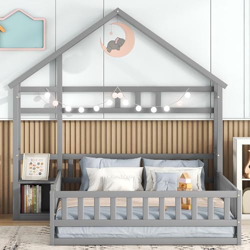 Dzaayediiy Kinderbett 140 * 200cm, Flachbett mit Geländer, Heimbett Kinderbett mit Nachttisch, stabil und langlebig, Grau von Dzaayediiy