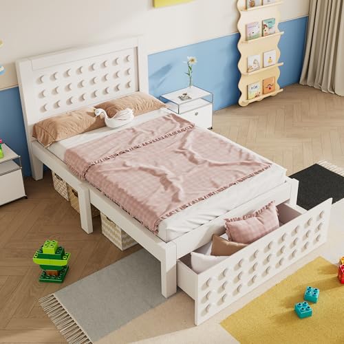 Dzaayediiy Kinderbett 90x190,Jugendbett mit Kreativem Block Design, Holzbett mit Lattenrost, Einzelbett mit Schubladen,Ohne Matratze,Weiß Dzaayediiy Kinderbett 90x190,Jugendbett mit Kreativem Block Design, Holzbett mit Lattenrost, Einzelbett mit Schubladen,Ohne Matratze,Weiß von Dzaayediiy