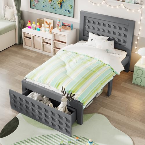 Dzaayediiy Kinderbett 90x200,Jugendbett mit Kreativem Block Design, Holzbett mit Lattenrost, Einzelbett mit Schubladen,Ohne Matratze,Grau von Dzaayediiy