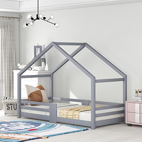 Dzaayediiy Kinderbett Hausbett mit Schornstein Rausfallschutz Robuste Lattenroste Kiefernholz Haus Bett für Kinder, 90 x 200 cm ohne Matratze, Grau von Dzaayediiy