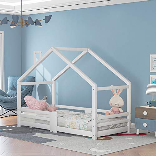 Dzaayediiy Kinderbett Hausbett mit Schornstein Rausfallschutz Robuste Lattenroste Kiefernholz Haus Bett für Kinder, 90 x 200 cm ohne Matratze, Weiß von Dzaayediiy