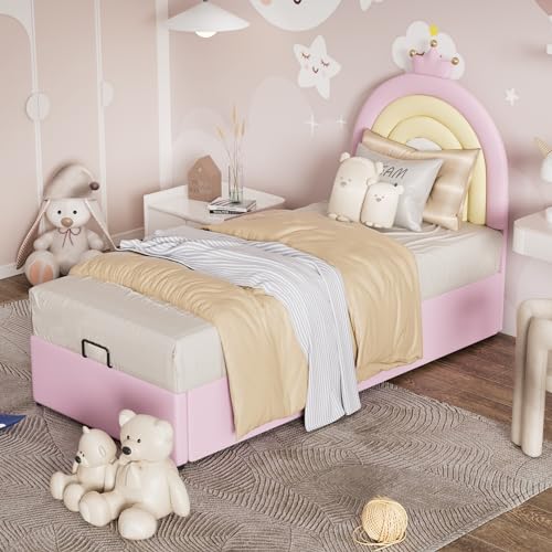 Dzaayediiy Kinderbett Jugendbett 90×200 cm mit Lattenrost und Kopfteil in Regenbogenform, Polsterbett Stauraumbett für Jungen und Mädchen mit Bettkasten(Ohne Matratze)- Rosa von Dzaayediiy