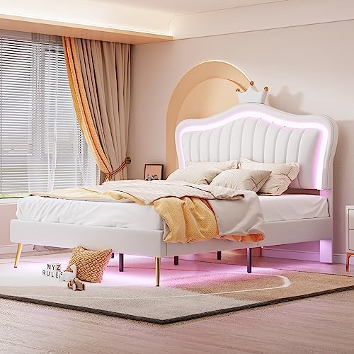 Dzaayediiy Kinderbett Polsterbet 140 x 200 cm, Bettgestell weißes Kronen-Doppelbett aus PU-Leder mit LED-Leuchten, Lattenrost und Rückenlehne(Ohne Matratze) von Dzaayediiy