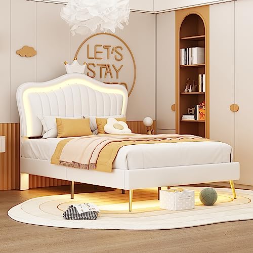 Dzaayediiy Kinderbett Polsterbet 90 x 200 cm, Bettgestell weißes Kronen-Einzelbett aus PU-Leder mit LED-Leuchten, Lattenrost und Rückenlehne(Ohne Matratze) von Dzaayediiy