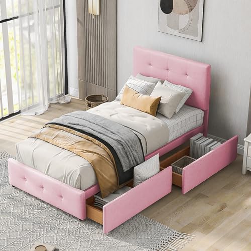 Dzaayediiy Kinderbett Polsterbett 90x200cm mit 2 Schubladen, Massivholzbett Einzelbett mit Lattenrost, Jugendbett flachbett, Samtstoff(Ohne Matratze)- Rosa von Dzaayediiy