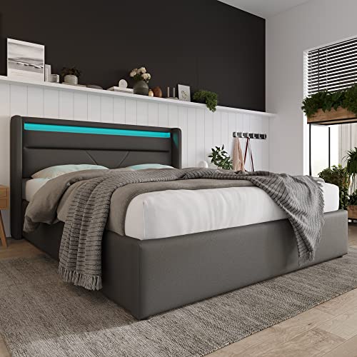 Dzaayediiy LED-Bett – Bett 160x200 cm – Bett mit hydraulischem Stauraum – Doppelbettgestell – Polsterbett – mit Lattenrost, Bettkasten und LED-Beleuchtung, Grau (mit Fernbedienung) von Dzaayediiy