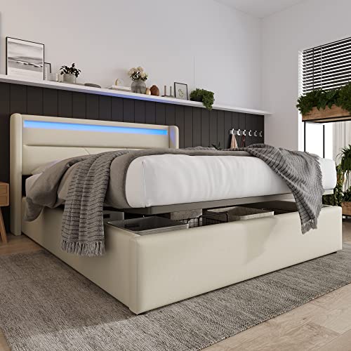 Dzaayediiy LED-Bett – Bett 160x200 cm – Bett mit hydraulischem Stauraum – Doppelbettgestell – Polsterbett – mit Lattenrost, Bettkasten und LED-Beleuchtung, weiß (mit Fernbedienung) von Dzaayediiy