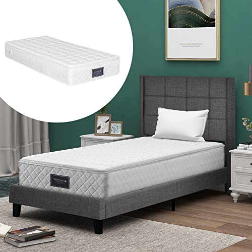 Dzaayediiy Modernes Polsterbett mit gepolstertes Kopfteil Einzelbett mit Lattenrost, 90x200cm Grau Leinen (Mit Matratze) von Dzaayediiy