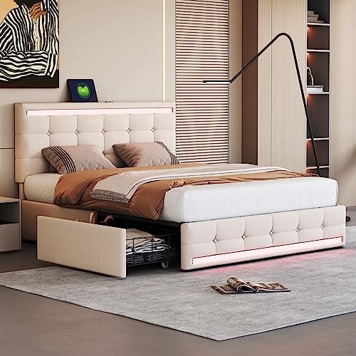 Dzaayediiy Polsterbett 140 * 200 mit 4 Schubladen und 2 USB-Ladestationen, Funktionsbett Bettrahmen mit LED-Leuchten Kopfteil mit Stauraum, Beige von Dzaayediiy