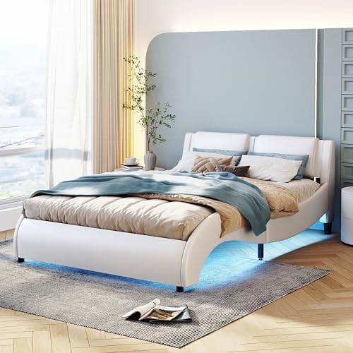 Dzaayediiy Polsterbett 140 * 200cm, Doppelbett, Kunstlederbett mit LED-Licht, Bettgestell mit Lattenrost, Weiß von Dzaayediiy