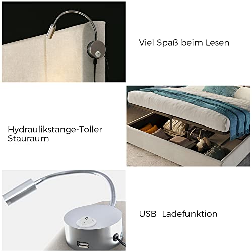 Dzaayediiy Polsterbett 140x200 Doppelbett Stauraum Bettkasten Leselicht mit USB Ladefunktion Kopfteil,Stauraumbetten Bettgestell Jugendbett Leinen Beige(Ohne Matratze) von Dzaayediiy