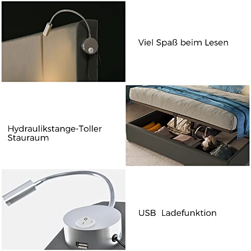 Dzaayediiy Polsterbett 140x200 Doppelbett Stauraum Bettkasten Leselicht mit USB Ladefunktion Kopfteil,Stauraumbetten Bettgestell Jugendbett PU Grau (Ohne Matratze) von Dzaayediiy