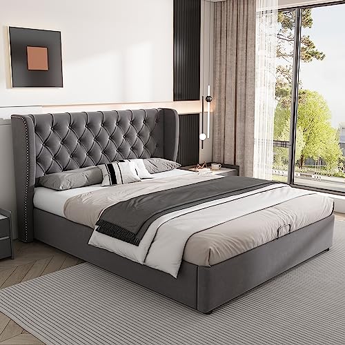 Dzaayediiy Polsterbett 140x200 cm, hydraulisches Bett mit Bettkasten, Lattenrost, Vliesbasis – Samt, großes Bett mit Knopfnaht, Doppelbett – grau von Dzaayediiy