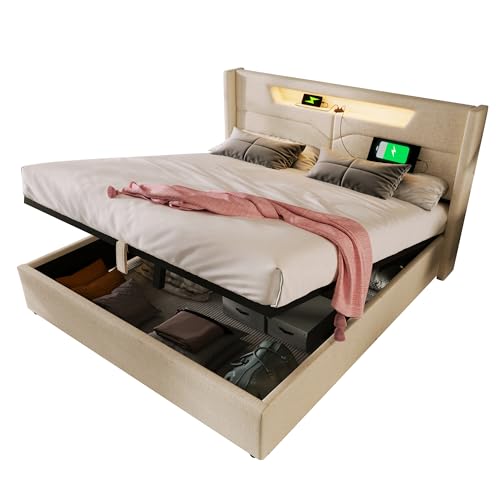 Dzaayediiy Polsterbett 140x200cm, LED-Doppelbett mit USB-Typ-C-Aufladung, Stauraumbett, Bettgestell aus Leinenmaterial, robust und langlebig, Beige (ohne Matratze) von Dzaayediiy